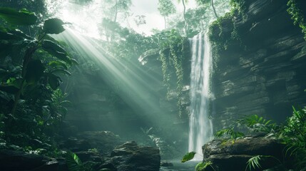 Fototapeta premium Sunbeams illuminate a hidden jungle waterfall cascading down mossy rocks.