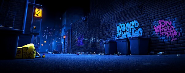 A dark cartoon alley with graffiti and vibrant city lights