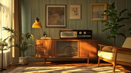 A sunlit room features furniture and decorative objects arranged nicely