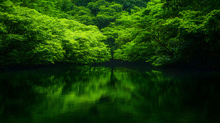 Vibrant Green Foliage Reflected on Still Water Surface in a Dense Forest Landscape