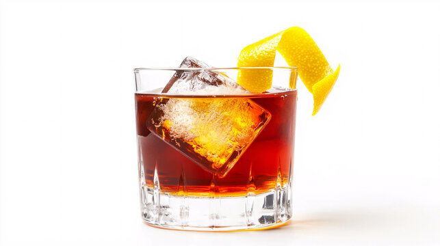 Artfully Crafted Sazerac Featuring Lemon Peel Garnish and Large Ice Cube