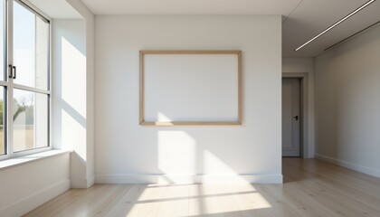 Minimalist room with empty frame and natural light  