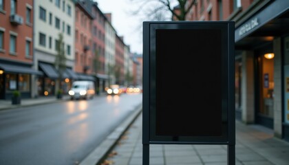 Empty billboard on a rainy urban street scene  