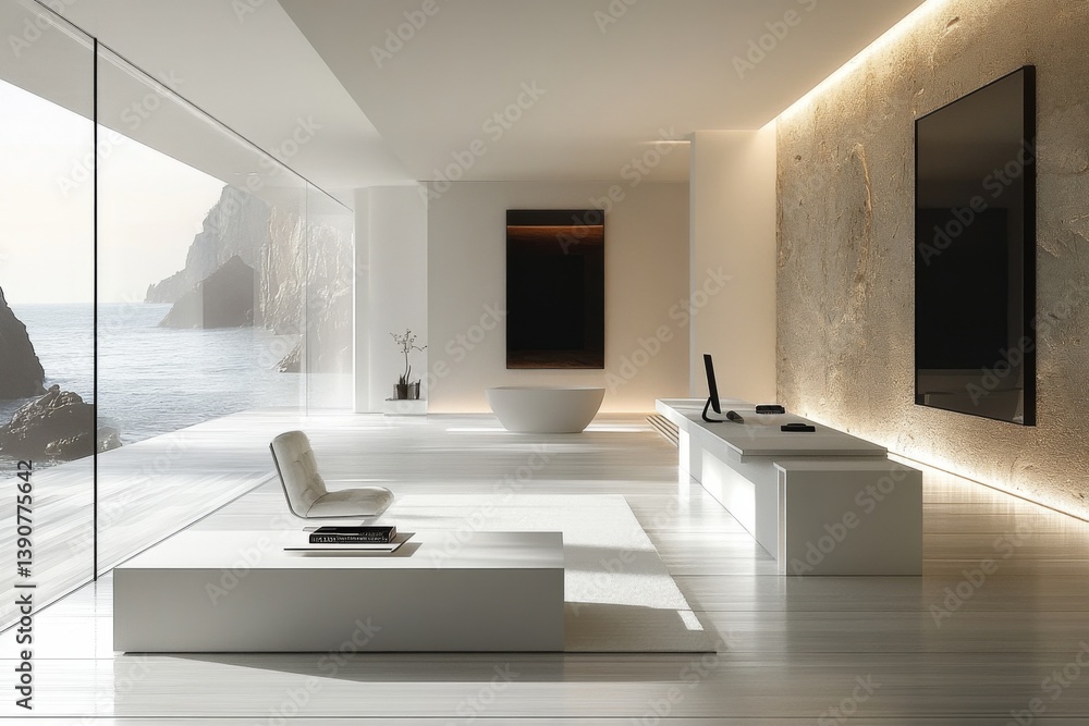 Poster modern workspace featuring a minimalist layout and large windows with an ocean view, designed for fo
