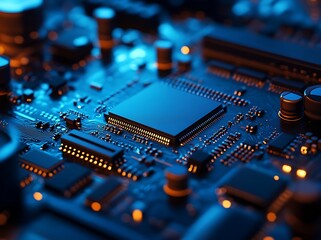 A close-up of the chip on an old computer, which is placed in front of other chips and motherboards