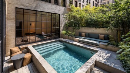 Modern Outdoor Swimming Pool Surrounded by Lush Greenery in Contemporary Urban Setting with Lounge Area and Natural Light
