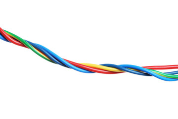 Many colorful electrical wires on white background