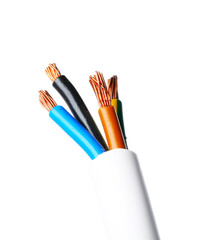 Stripped electrical wire with copper strands isolated on white