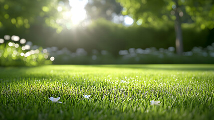 Fototapeta premium Vibrant Green Grass Illuminated By Sunlight With Blurred Background of Trees and Plants