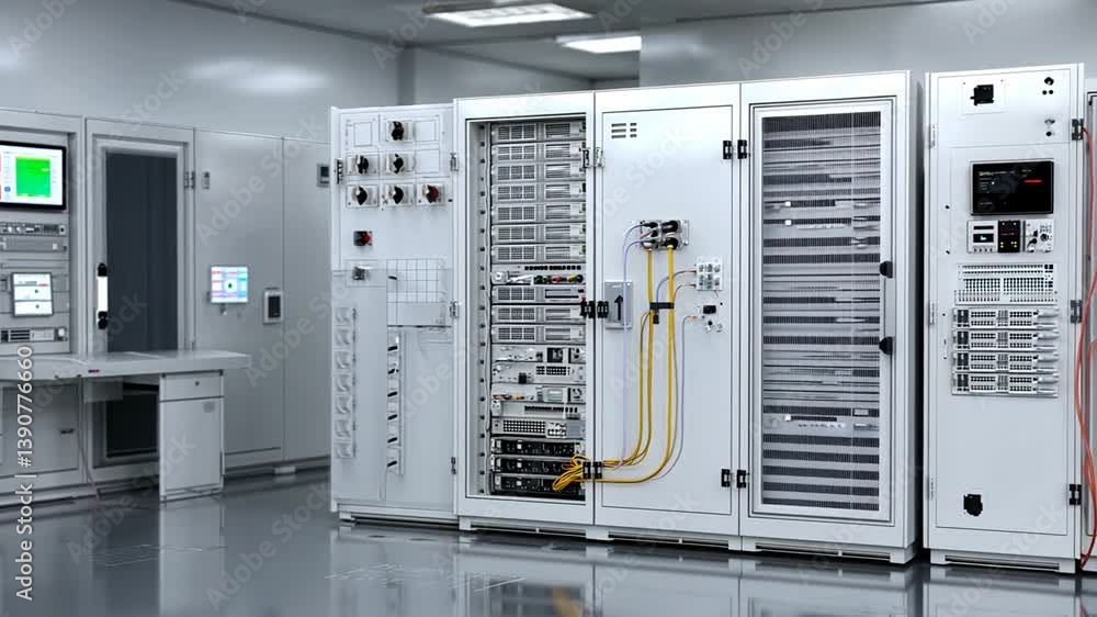 Poster server room with multiple racks in data center generative ai