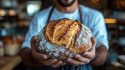 Fototapeta premium Person holds artisan bread loaf