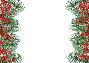 Merry Christmas greeting card frame template white space branches of pine branch, pine tree ilex holly berries. Template design, happy new year.