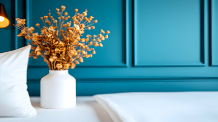 Fototapeta premium White Vase With Dried Flowers On White Surface Against Teal Wall With Soft Lighting