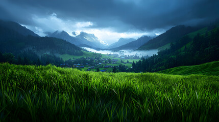 Obraz premium Vibrant Green Landscape Of A Valley And Mountains Under A Moody Sky With Fog And Distant Village