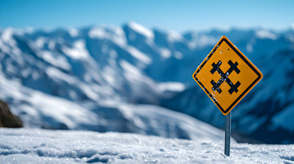 Yellow Warning Sign On Snow Field With Mountain Landscape Backdrop Under Bright Blue Sky