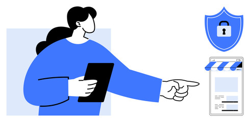 Woman holding a tablet pointing at an e-commerce site under a shield icon representing security. Ideal for cybersecurity, e-commerce, online protection, digital business, privacy tools, data safety