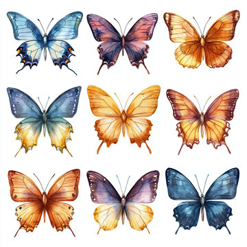 A set of colorful watercolor butterflies in various shapes and sizes, painted in delicate shades, perfect for spring, nature, or decorative design themes on a white background.