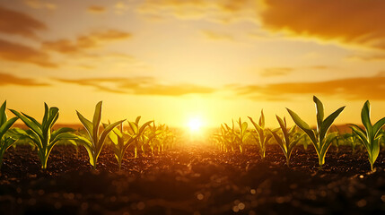Young Corn Plants Illuminated By Sunset Light Growing In Field