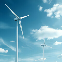 Fototapeta premium White Wind Turbines Generating Renewable Energy Against Blue Sky and Clouds