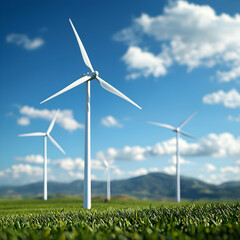 Fototapeta premium White Wind Turbines Generating Green Energy In A Field With Blue Cloudy Sky
