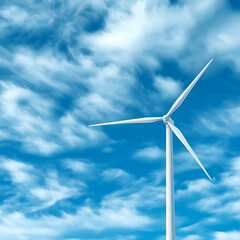 Fototapeta premium White Wind Turbine Against Blue Sky with Wispy Clouds Generating Renewable Power for a Sustainable Future
