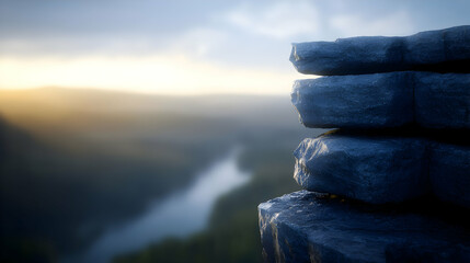 Textured Stone Formation On Cliff Edge Overlooking Misty Valley At Dawn With Sunlight