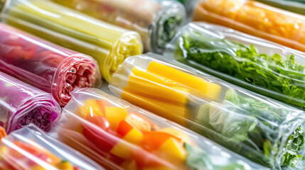 Obraz premium Fresh and Vibrant Vegetables in Packaging: a close-up view of various packaged fresh cut vegetables with their vibrant colors in a hygienic and visually appealing presentation, ready for consumer use.