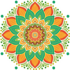 Vector illustration of a flower, abstract floral mandala background with nice colors and shapes, in green, yellow, orange, red colors, with dots, petals and leaves, decoration symbol of nature