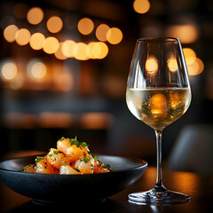 Naklejka premium White Wine Glass Beside Gourmet Dish On Table In Restaurant With Bokeh Background