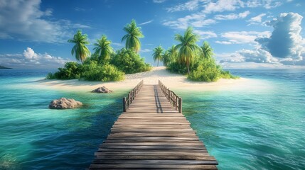 Fototapeta premium Scenic Island With Wooden Walkway Surrounded by Clear Blue Water and Palm Trees