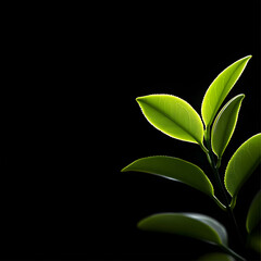 Obraz premium Vibrant Green Leaves with Water Droplets on Black Background with Detailed Texture and Natural Illumination