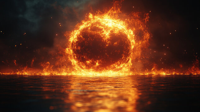 A dramatic scene of a burning planet in space, symbolizing destruction and rebirth in the context of an apocalypse. The fiery globe contrasts against the vast, dark void of the universe