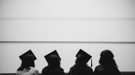 Graduates wait, hall, future, ceremony, anticipation, black and white, education, hope, success, silhouette