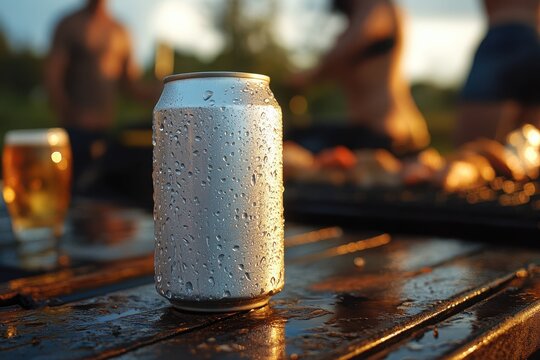 Realistic handheld perspective of a white beer can with condensation against a barbecue grill and friends in the background  