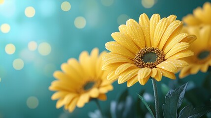 Obraz premium Vibrant yellow flowers with dew drops