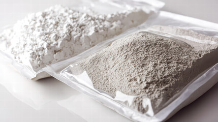 Powder Packets: Two sealed packets of fine powder, one a pristine white, the other a muted grey, resting side-by-side on a reflective surface, a study in textures and substances.