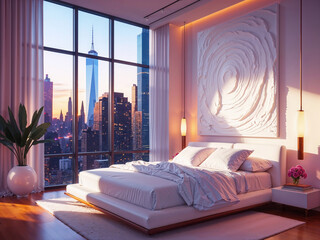 Camera da letto con arredamento moderno con ampia vetrata sulla città al tramonto