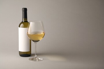Tasty white wine in glass and bottle on light grey background, space for text