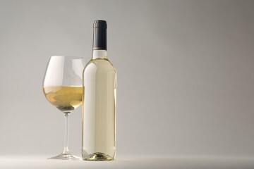 Tasty white wine in glass and bottle on light grey background, space for text