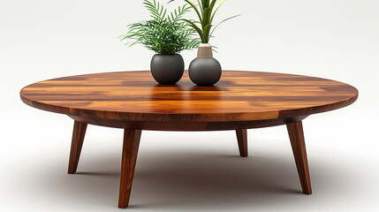 Mid-Century Modern Round Wooden Coffee Table with Potted Plants