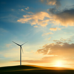 Obraz premium Wind Turbine On A Grassy Hill With Sunset Sky In Background