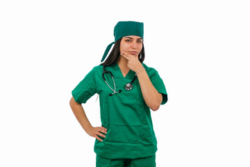 Confident latin surgeon posing with hand on chin and white background