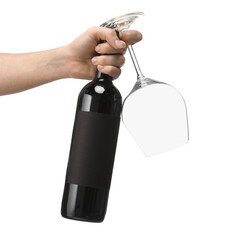 Man holding bottle of luxury wine and glass on white background. Mockup for design
