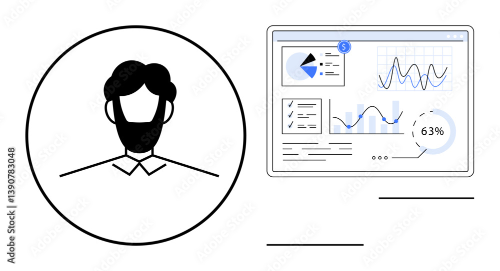 Poster user profile beside digital analytics dashboard with charts, graphs, and metrics. ideal for analytic