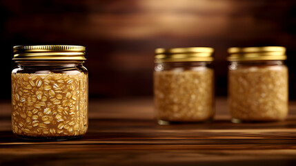 Three Glass Jars With Golden Lids On Brown Wooden Surface With Blurred Background