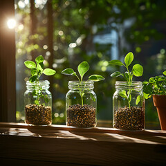 Three Glass Jars With Green Plants On Wooden Windowsill Sunlight Pouring Through