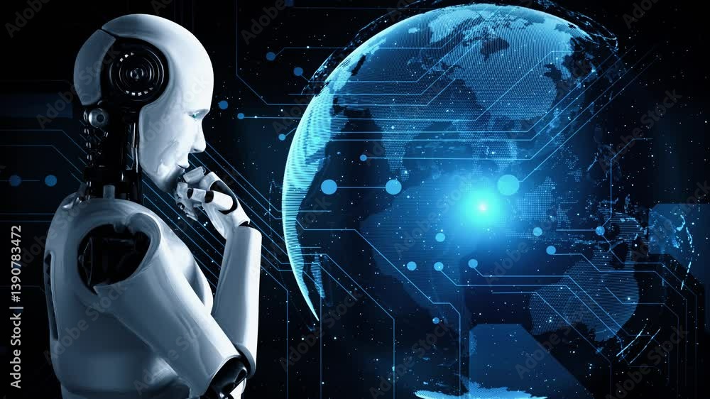 Poster thinking ai hominoid robot analyzing hologram screen shows concept of network global communication u