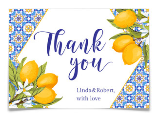 Mediterranean Blue Tiles and Lemon Thank You Card.