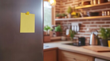 Single yellow sticky note attached to a refrigerator door in a cozy kitchen environment