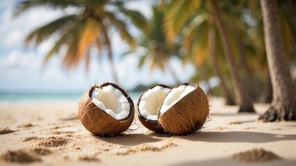 Halved coconuts with white flesh and brown shells arranged next to a whole coconut